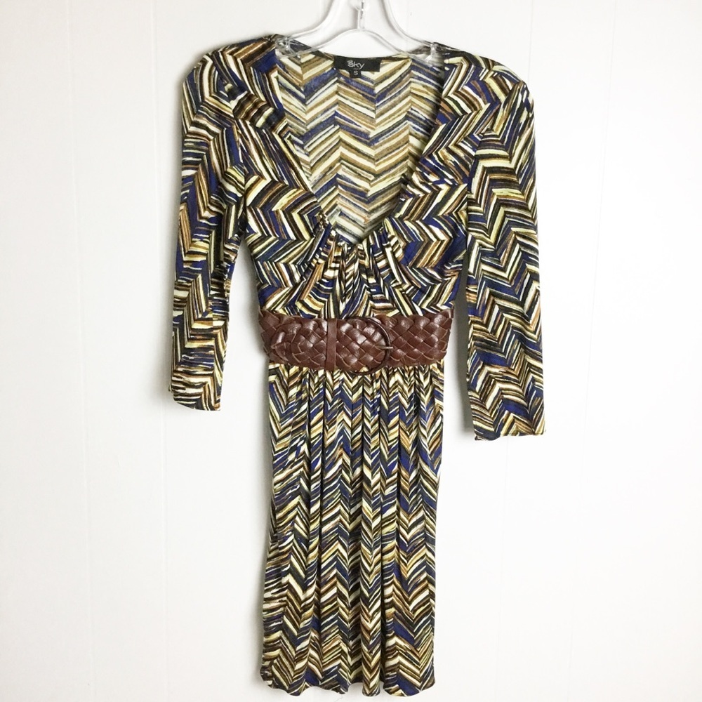 Sky Belted Dress Size S Fall 100% Silk 3/4 Sleeves